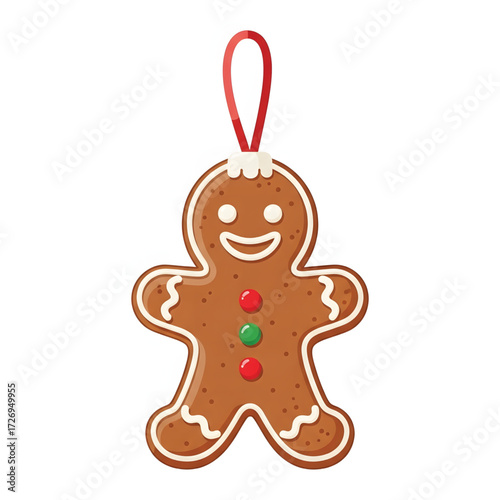 Cartoon gingerbread man cookie ornament for Christmas tree decoration. Festive holiday baked treat with icing and a red ribbon hanger, vector illustration