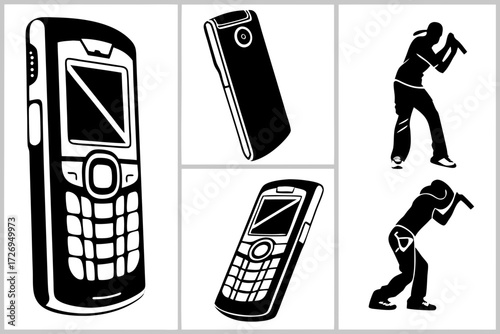 Illustration featuring two old mobile phones and two people holding microphones in a black and white design silhouette