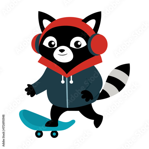a cat raccoon wearing headphones and a hoodie victor art on white background
