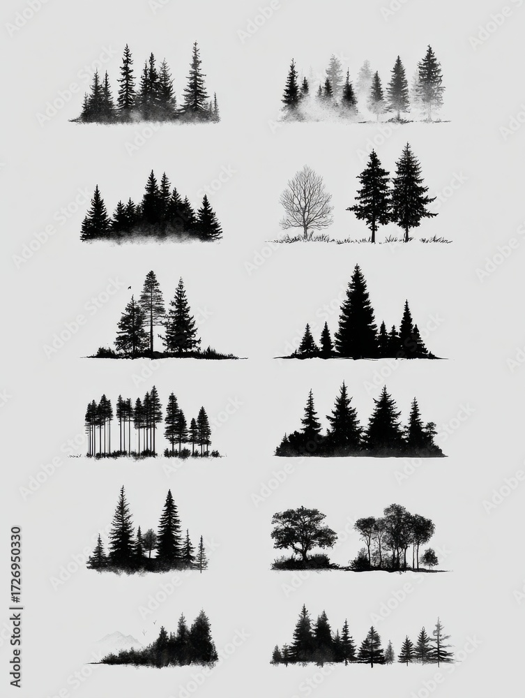 Obraz premium Various Silhouettes of Trees and Forests Displayed in Artistic Arrangements Showcasing Natures Beauty and Diversity