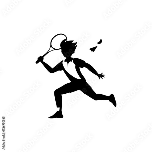 Silhouette Male Tennis Player Swinging Racket with Dynamic Action Pose Illustration