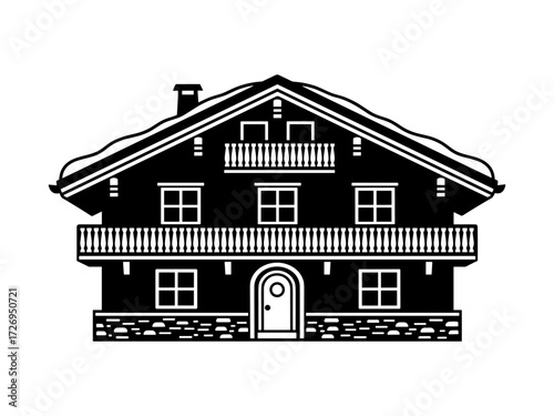 Black silhouette of traditional Alpine chalet lodge with balconies and windows. Clipart image isolated on background.