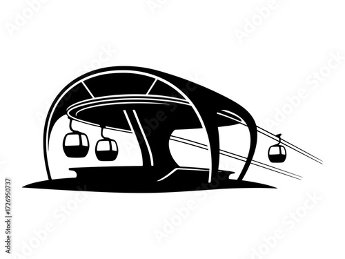 Modern cable car station silhouette with suspended gondolas vector illustration. Clipart image isolated on background.