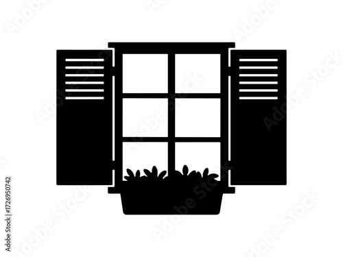 Mountain chalet window with open shutters and flower box silhouette style. Clipart image.