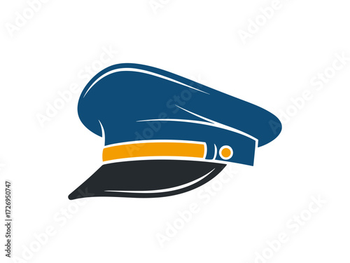 Vector illustration of blue conductor hat with orange band and black peak. Clipart image.