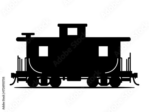 Silhouette of vintage railroad caboose on white background. Clipart image.