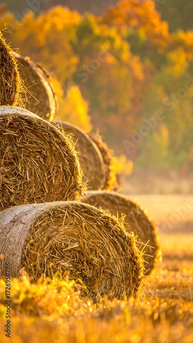Golden hay bales in autumn