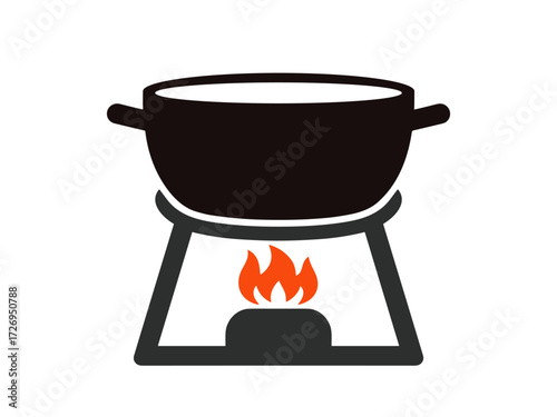 Flat design fondue pot icon with flame. Clipart image isolated on background.