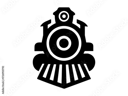 Black and white vector illustration of vintage steam locomotive front view. Clipart image.