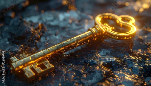 Golden key on dark stones
