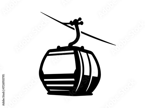 Black and white vector illustration of cable car cabin on wire. Clipart image.