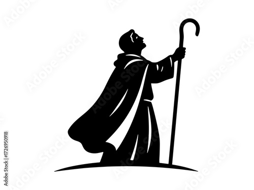 Silhouette of shepherd with crook looking upwards. Clipart image.