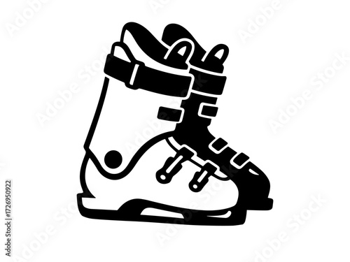Black and white vector illustration of ski boot with adjustable straps and buckles. Clipart image.