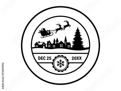 Christmas stamp design with sleigh reindeer village and date Dec 25 20XX. Clipart image.