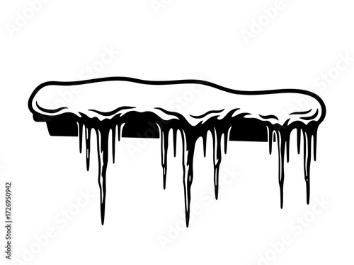 Snow-covered roof eave with hanging icicles vector illustration. Clipart image.