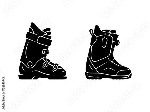 Black icons of ski boot and snowboard boot side by side on white background. Clipart image.