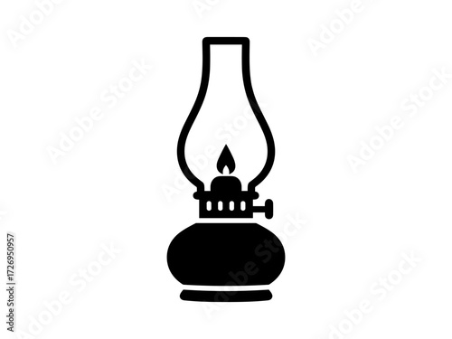 Vintage oil lamp silhouette with flame and glass chimney. Clipart image.