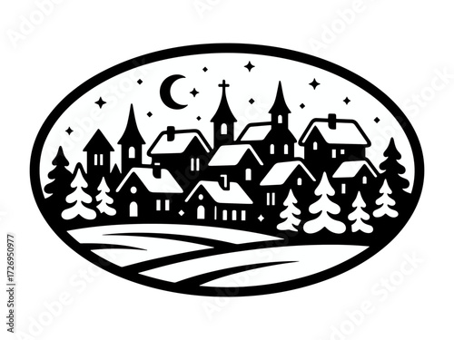 Nighttime village silhouette with houses church trees and stars under crescent moon. Clipart image isolated on background.