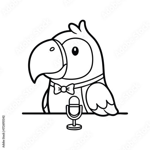 A cheerful parrot wearing a bow tie stands beside a microphone, ready to entertain an audience with its charm.