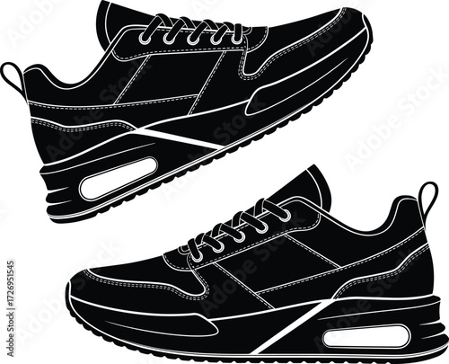 Black athletic sneakers vector illustration, running shoes design, modern sport footwear, casual shoes, breathable sneakers, comfortable, stylish shoe art.