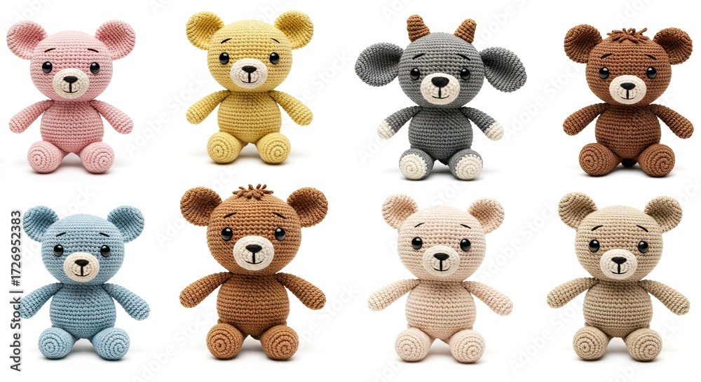 Fototapeta premium Eight crochet stuffed animals in different colors and designs on a white background