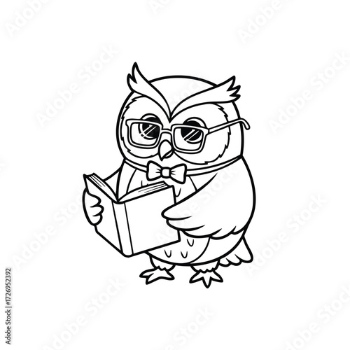 A wise owl wearing glasses and a bow tie reading a book, embodying intelligence and curiosity in a whimsical style.