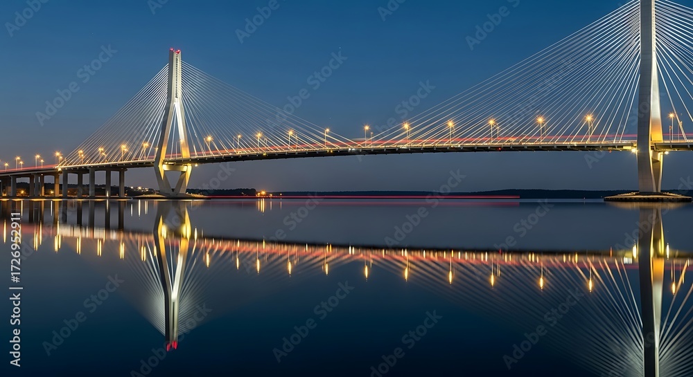 Fototapeta premium Illuminated Cable-Stayed Bridge Reflecting on Water at Dusk