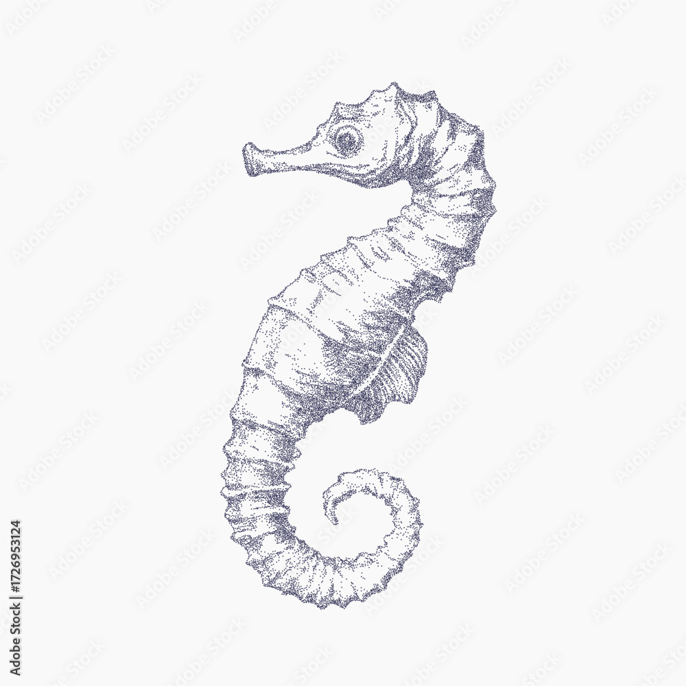 Fototapeta premium Seahorse with textured body, stippled ink grain and paper grit, floating in faded threshold shadows with dusty noise and rough vintage imperfections.