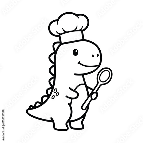A cheerful dinosaur wearing a chef's hat holds a cooking spoon, ready to prepare delicious meals in the kitchen.
