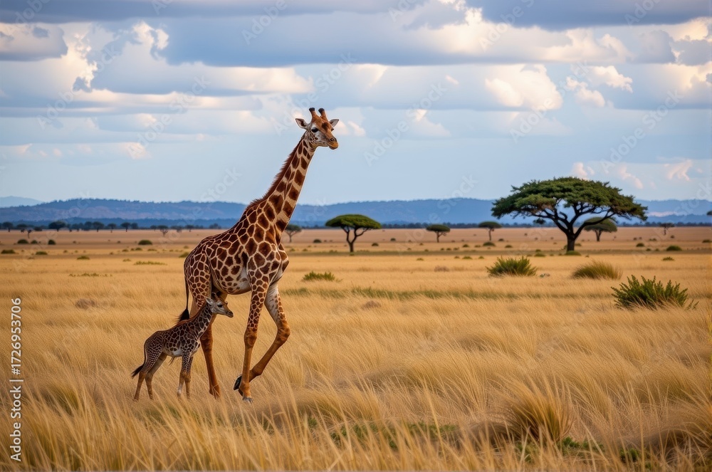Fototapeta premium A giraffe mother and her young calf gracefully traverse the golden savanna, acacia trees dotting the horizon, giraffe, majestic, wildlife