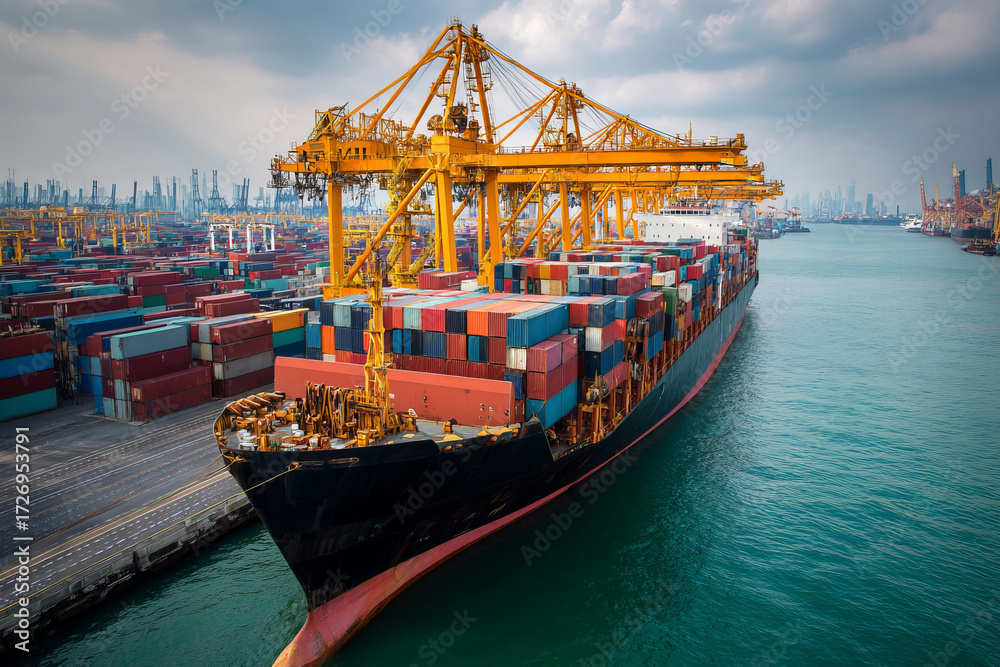 Fototapeta premium Cargo ship loading containers at industrial port with cranes at sunset