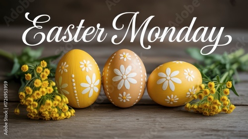 Three decorative easter eggs with floral patterns and yellow spring flowers on a rustic wooden background