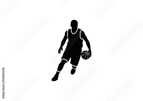 Silhouette of a basketball player dribbling the ball.