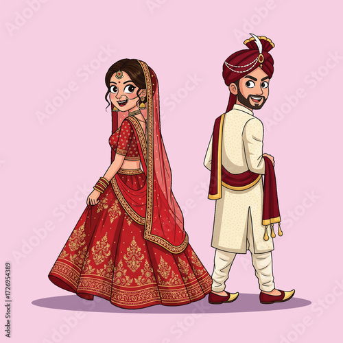 Cute Indian Bride and Groom in Traditional Wedding Attire Cartoon