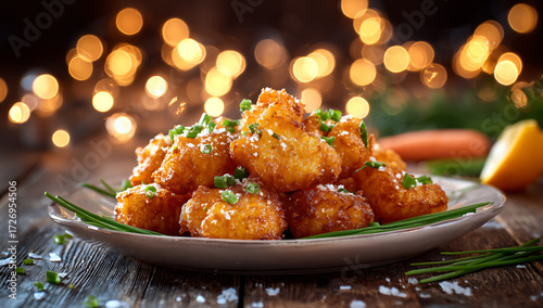Crispy fried chicken bites garnished with chives and bokeh lights