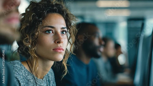 Wallpaper Mural Focused Insight: A group of individuals in an office setting, one woman's thoughtful gaze, representing contemplation. Torontodigital.ca
