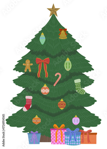 プレゼントが沢山置かれた、かわいいクリスマスツリーのイラスト