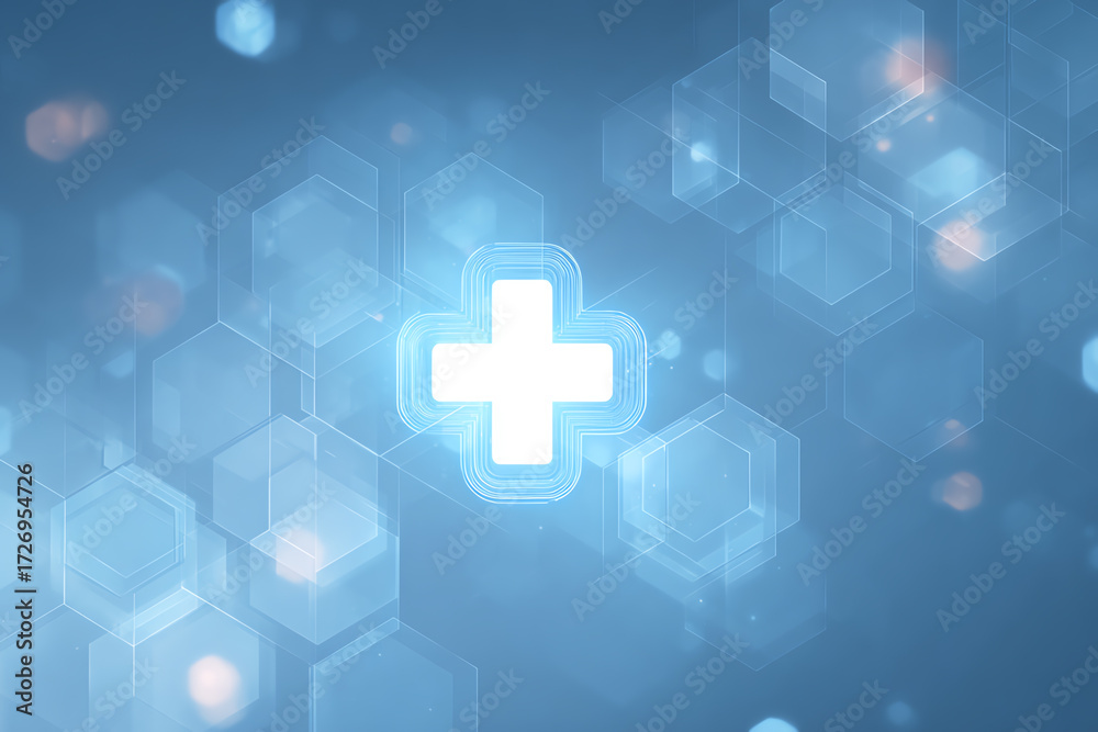 Fototapeta premium Symbol of Healthcare: A glowing white cross emblem floats within a captivating backdrop of blue, suggesting a digital landscape of health, medicine, and wellbeing.