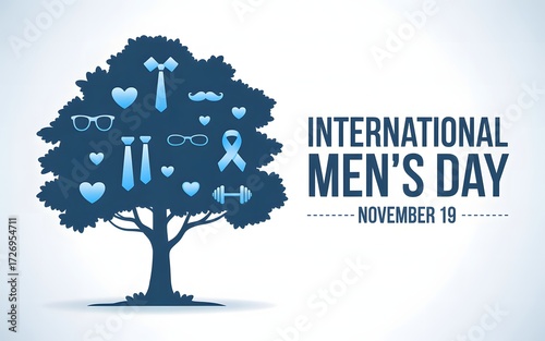 International mens day tree silhouette with mens accessories and text