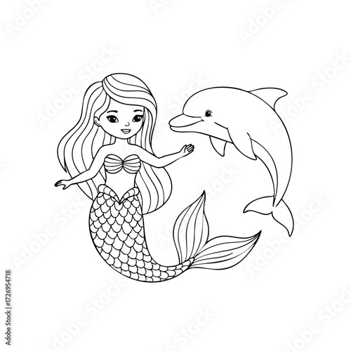 A whimsical underwater scene featuring a playful dolphin interacting with a charming mermaid character.