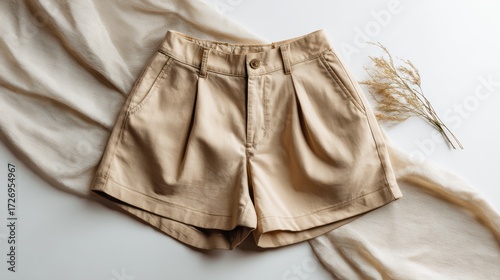 Wallpaper Mural Stylish beige shorts on a soft fabric background, perfect for summer fashion and casual wear ideas. Torontodigital.ca