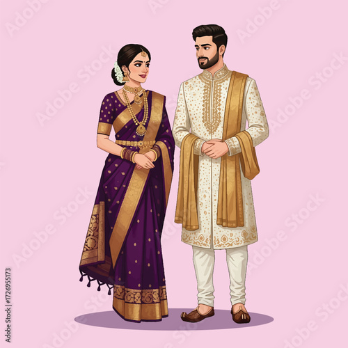 Traditional Indian Couple in Ethnic Wedding Attire Illustration
