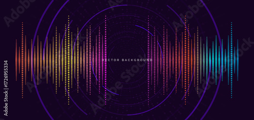 Wave light colorful effect ot the equaalizer on dark blue purple background. Vocie music sound lines glowing.