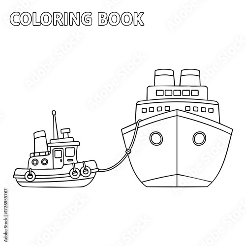 A detailed depiction of a tugboat assisting a large ship, perfect for creative coloring activities and fun.