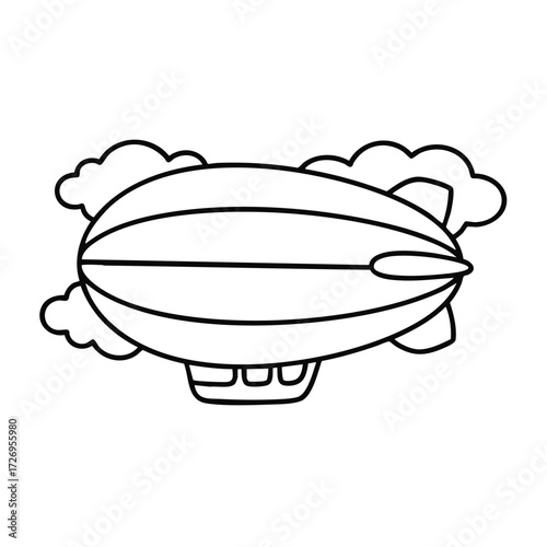A whimsical depiction of a zeppelin soaring through fluffy clouds against a clear blue sky, evoking nostalgia.