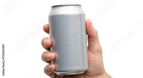 A hand holding a silver aluminum can of soda, isolated on a transparent background