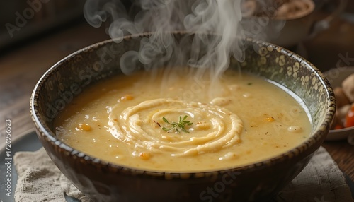 bowl of creamy soup with gentle steam rising.
