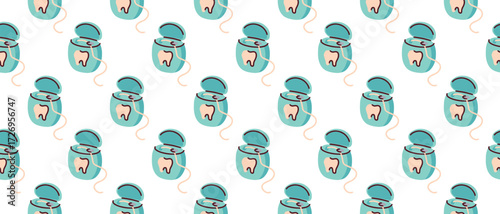 Seamless pattern with blue dental floss case. Medical background for oral hygiene, prevention, dentist clinic and healthcare design.