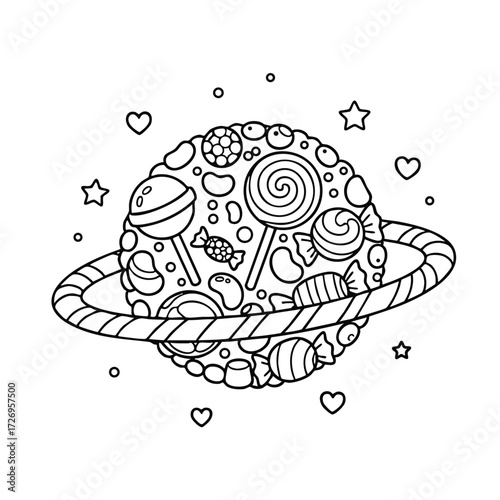 A whimsical planet made entirely of colorful candies and sweets, surrounded by stars and hearts in a playful design.
