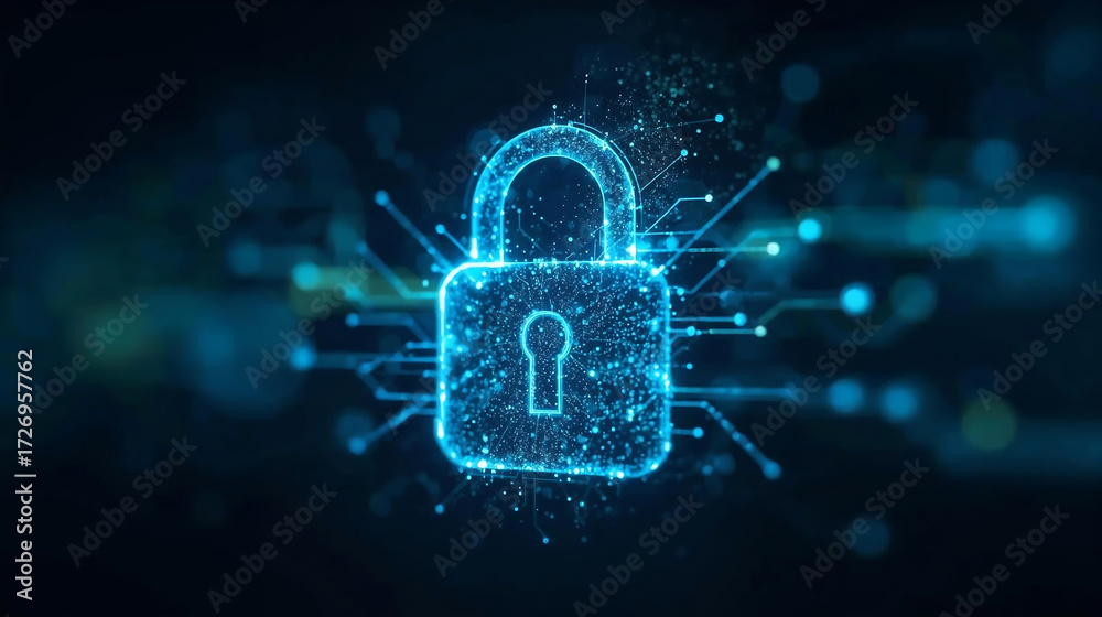 custom made wallpaper toronto digitalA luminous lock symbol forms from countless glowing particles, swirling in a digital void. The fragments pulse with neon light, creating an abstract shield of energy that embodies futuristic .